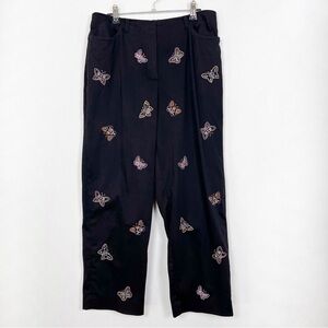 Vintage Talbots Black Cotton Straight Leg Pants Butterfly Embroidery Size 10